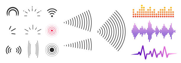 Signal radio waves icon wireless tech radar vector symbols graphic set, antenna detection sonar transmission rays, beacon acoustic sound voice locator station, transmitter frequency element image Signal radio waves icon wireless tech radar vector symbols graphic set, antenna detection sonar transmission rays, beacon acoustic sound voice locator station, transmitter frequency element image cordless phone stock illustrations