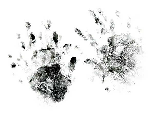 "Messy handprints by a preschooler, isolated on white background."