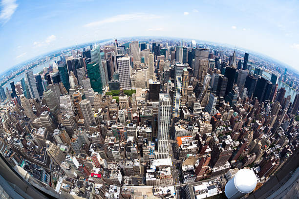 Fisheye Manhattan View Fish-eye aerial view of Manhattan, New York. fish eye lens stock pictures, royalty-free photos & images