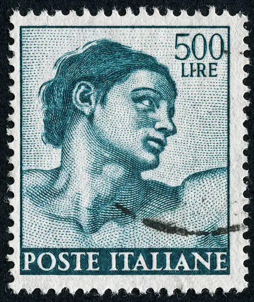 Cancelled Stamp From Italy Featuring The Creation Of Adam Which Was Painted By Michelangelo In The Sistine Chapel.  The Man In The Stamp Is Adam.