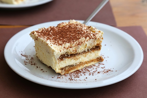 Tiramisu Italian dessert. Tiramisu is made from ladyfingers sponge cake biscuits, mascarpone and eggs. It is coffee flavored.