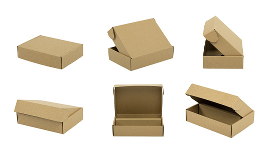 Packaging boxes placed at different angles  isolated on white background.