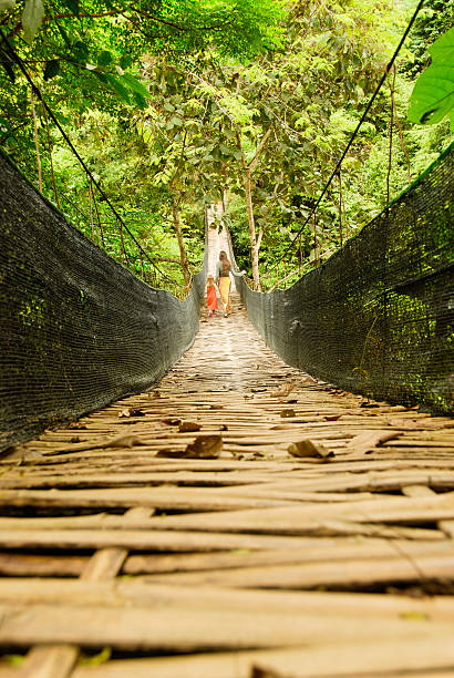Walking on a bamboo bridge "Five years old baby girl and her mother walking on a bamboo bridge in the rainforest of Laos, Asia." bamboo bridge stock pictures, royalty-free photos & images