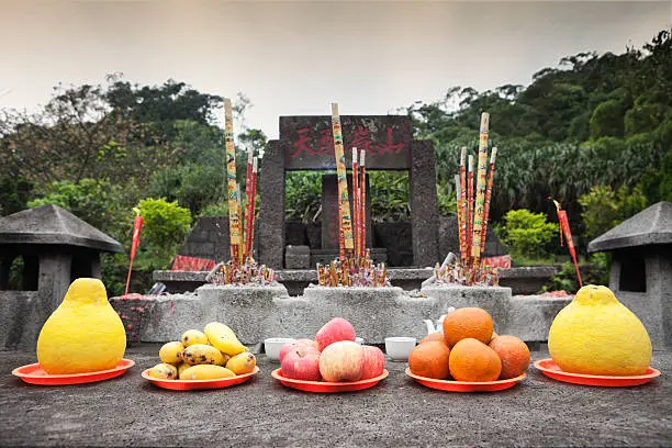 "Haikou, China - March 24, 2012: Religious offerings and incenses in front of the temple"