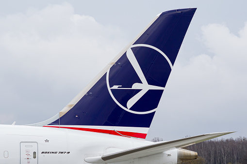 LOT Polish Airlines Boeing 787-9 Dreamliner vertical stabilizer (tail) close-up photo