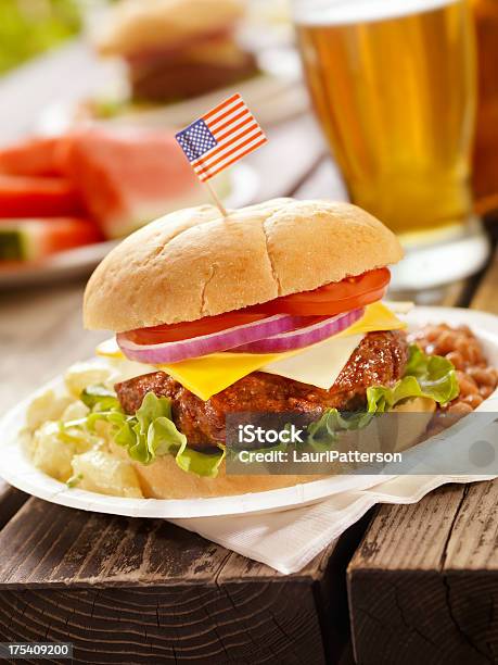 All American Cheeseburger And A Beer Stock Photo - Download Image Now - Alcohol - Drink, American Culture, American Flag