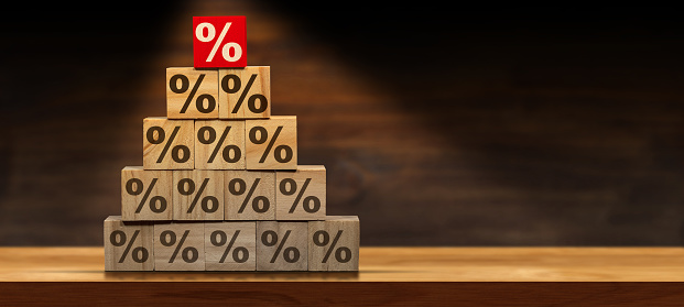 Stack of wooden blocks forming a pyramid, with many brown percentage signs and one red on the top. Above a wooden table or desk with copy space.