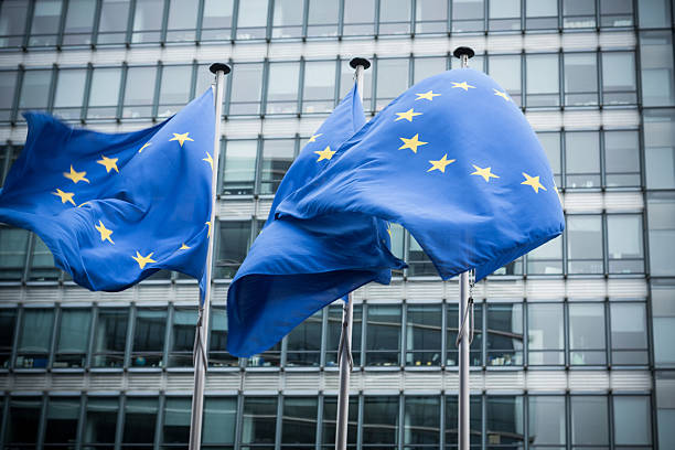 European flags. "European flags in front of the European Commission headquarters in Brussels, Belgium. ( Motion Blurred on flags)" european currency stock pictures, royalty-free photos & images