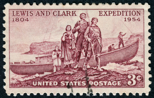 Cancelled Stamp From The United States Featuring The American Explorers Lewis And Clark.