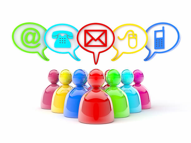 istock Colorful people with text bubbles with communication icons 175410157