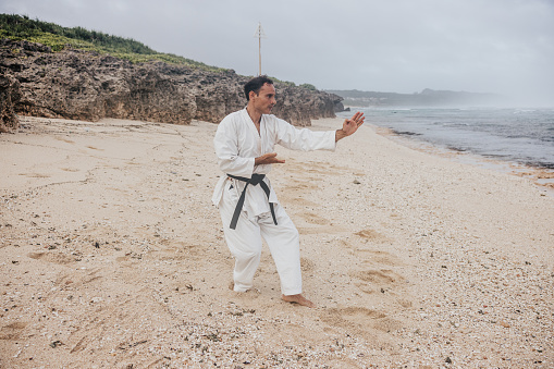 A martial artist, dressed in traditional white gi, executes a precise karate kick on the sandy beach with the ocean as a stunning backdrop