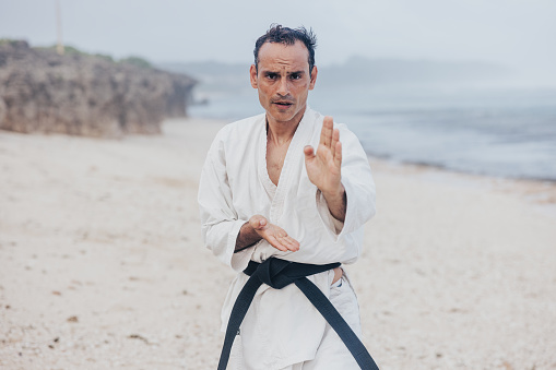 Martial artist's karate practice at the beach exudes a sense of balance, as he trains beside the rolling waves and soft sands.