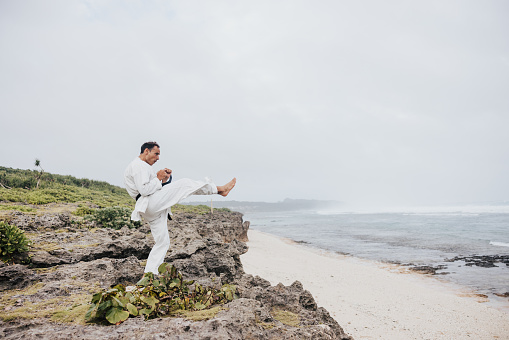 A martial artist, dressed in traditional white gi, executes a precise karate kick on the beach with the ocean as a stunning backdrop