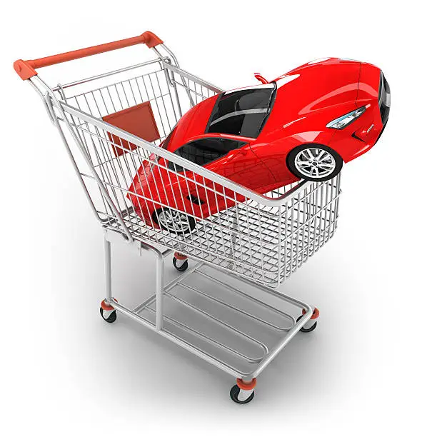 Shopping cart with sports car - isolated / clipping path