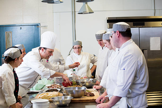 istock Chef teaches his new crew about food prep in kitchen 175410851