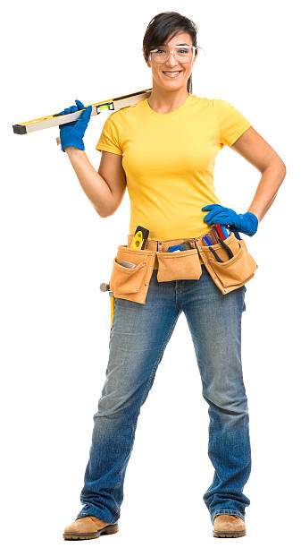 若い女性、toolbelt 手袋レベルの安全性眼鏡 - construction worker building contractor craftsperson full length ストックフォトと画像