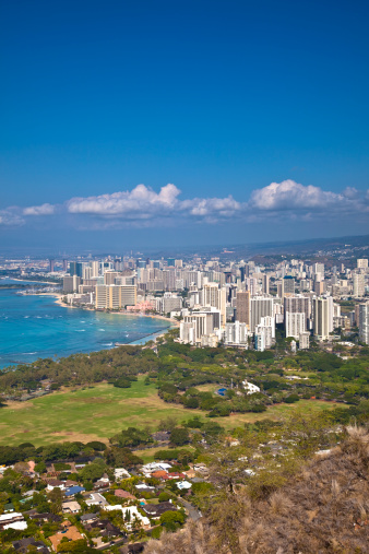 view from the top of diamond head crater looking back at waikiki and honolulu.
