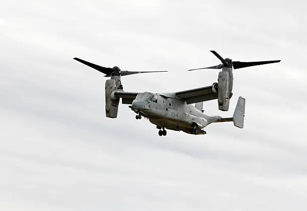 US Marines Osprey tiltrotor transport aircraft taking off.