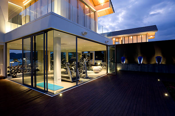 fitness gym health club luxury villa house stock photo