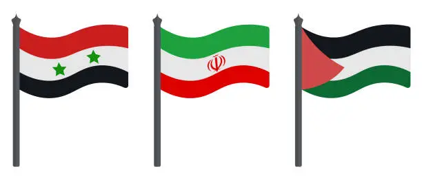 Vector illustration of Flag of Syria, Iran and Palestine. Set of illustrations. Symbols of states. Flat style.