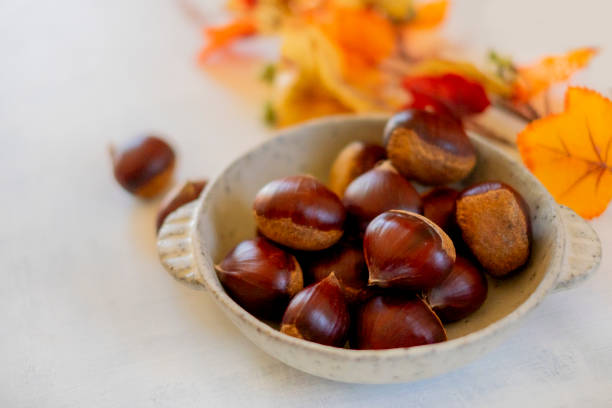 Chestnuts and autumn leaves.