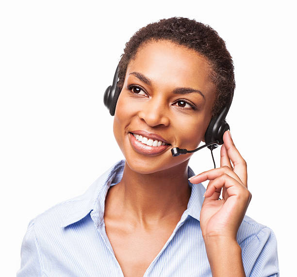 afro-americana donna call center executive-isolato - women customer service representative service standing foto e immagini stock