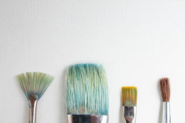 Different sizes and shapes paint brushes on clean white canvas, soft focus close up
