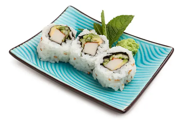 California roll sushi plate on white background