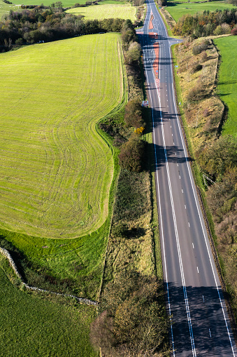 Aerial view of the A75 main road in a rural location in Dumfries and Galloway Scotland