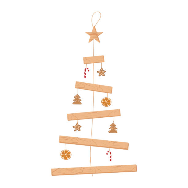 istock Eco Christmas tree from wooden planks on rope. Christmas symbol decorated gingerbread dry oranges 1754135544