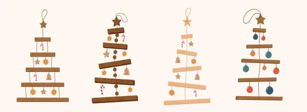 Vector illustration of Collection of Handmade eco Christmas tree made of wooden planks on a rope hanging on the wall. Organic decorations