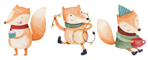 Vector illustration of Fox with christmas costume . Watercolor paint cartoon characters . Isolated . Set 2 of 7 . Vector .