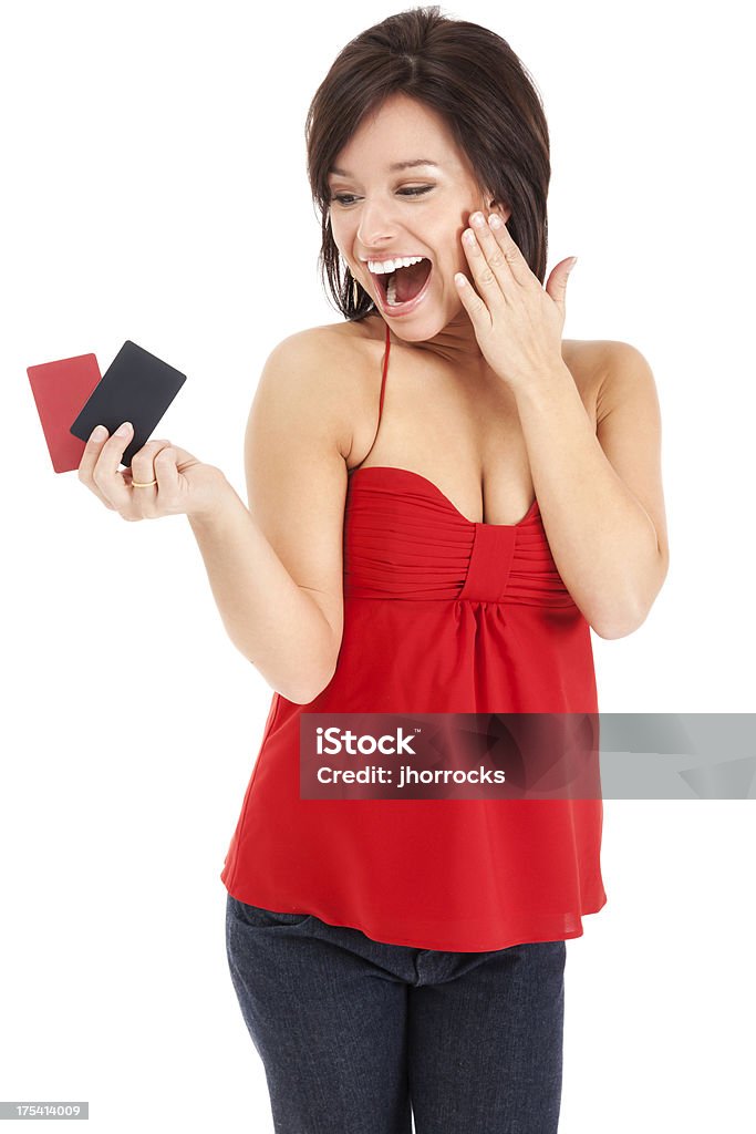 Atractiva mujer joven con en blanco tarjeta de crédito - Foto de stock de Personas libre de derechos