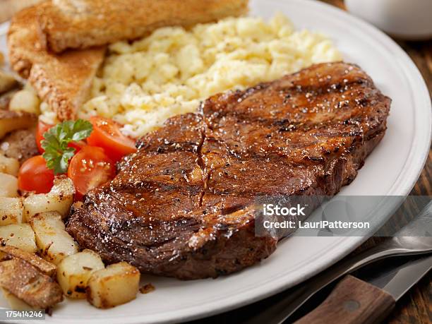 Steak And Eggs Stock Photo - Download Image Now - Steak, Scrambled Eggs, Breakfast