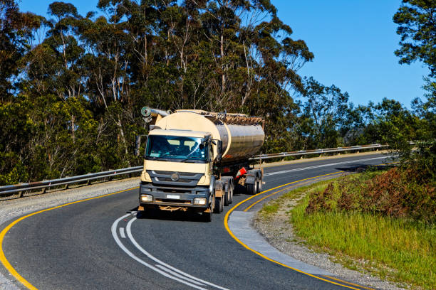Animal feed truck and trailer climbing Garcia's Pass near Riversdale in the Western Cape, South Africa
