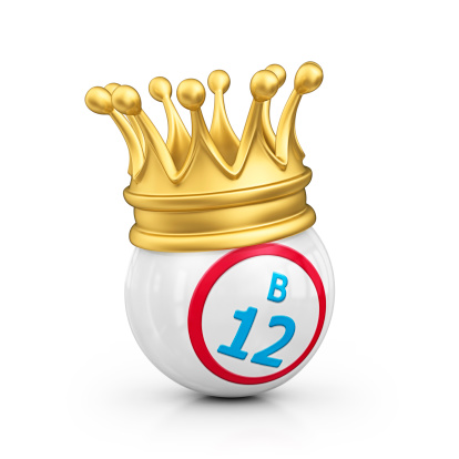 isolated bingo ball with gold king's crown.3d render.