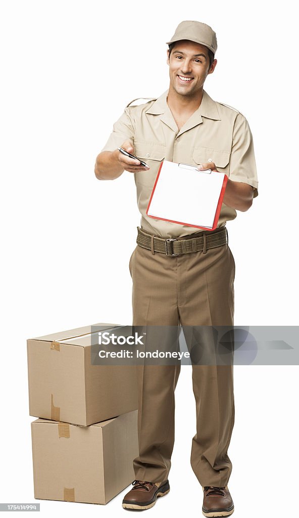 Deliveryman pedir a sua assinatura-isolada - Royalty-free Figura para recortar Foto de stock