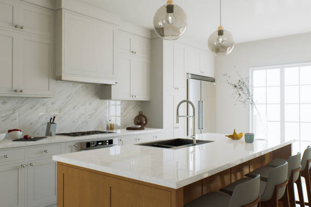 istock View of a kitchen island, white marble countertop with blurred white kitchen background for product presentation. Table with blurred kitchen background in bokeh. 3D rendering 1754157853