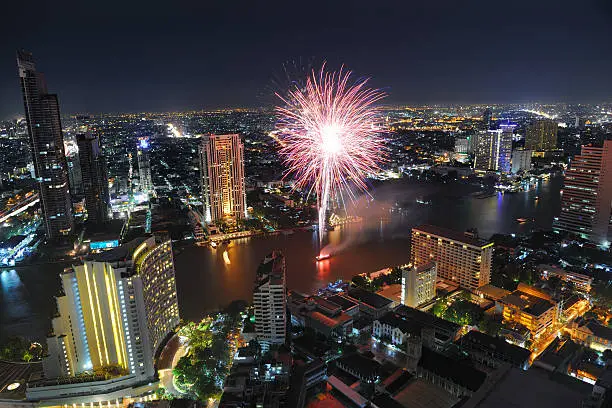 Photo of Bangkok Skyline with Chao Phraya River and Fireworks (XXXL)