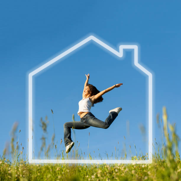Girl jumping and celebrating in her abstract dream house