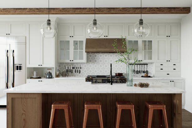 istock Traditional large L-shaped kitchen with large island and kitchen appliances. Kitchen interior with white cabinets and wooden island. 3D rendering 1754160887