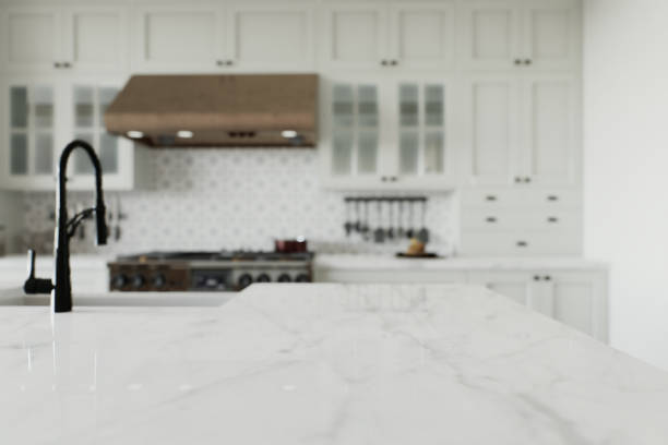 istock Kitchen with an emphasis on an empty countertop for arranging kitchen utensils. Kitchen interior with white cabinets and wooden island. 3D rendering 1754160888