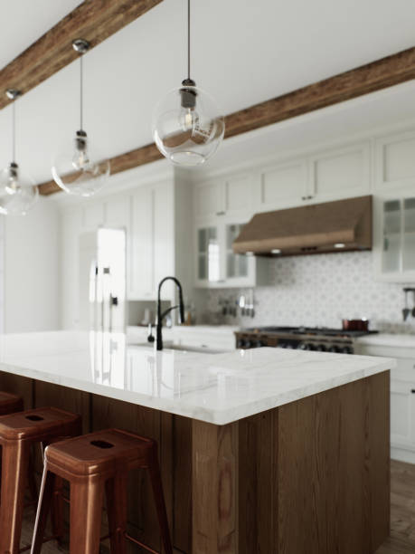 istock Kitchen with an emphasis on an empty countertop for arranging kitchen utensils. Kitchen interior with white cabinets and wooden island. 3D rendering 1754160892