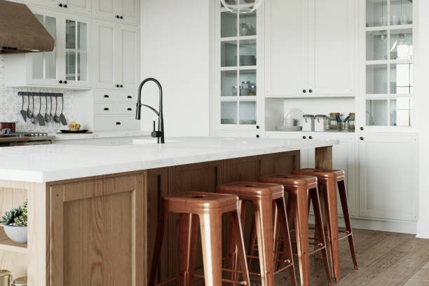 istock Traditional large L-shaped kitchen with large island and kitchen appliances. Kitchen interior with white cabinets and wooden island. 3D rendering 1754161141