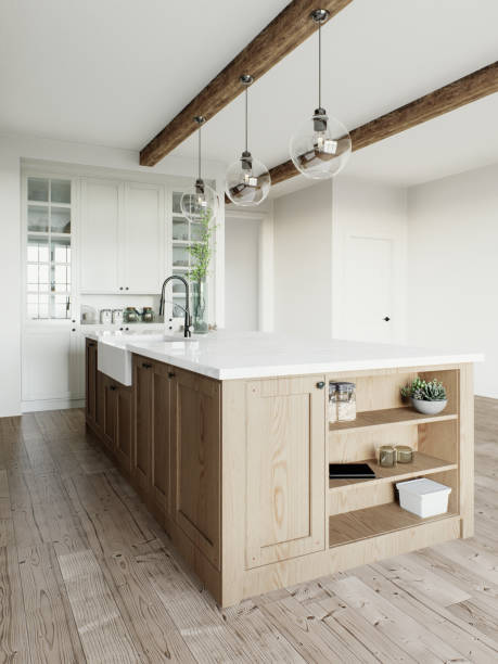 istock Traditional large L-shaped kitchen with large island and kitchen appliances. Kitchen interior with white cabinets and wooden island. 3D rendering 1754161156