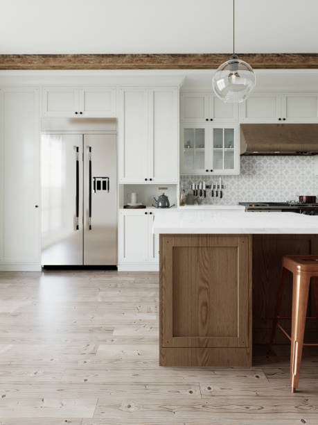 istock Traditional large L-shaped kitchen with large island and kitchen appliances. Emphasis on a large metal refrigerator in the interior. 3D rendering 1754161171