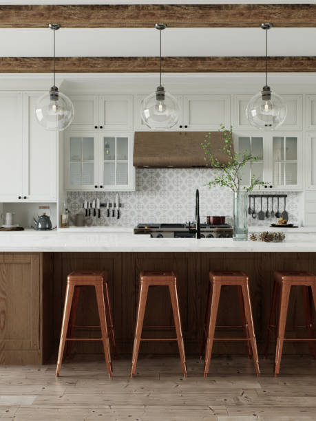 istock Traditional large L-shaped kitchen with large island and kitchen appliances. Kitchen interior with white cabinets and wooden island. 3D rendering 1754161412