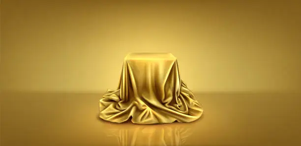 Vector illustration of Gold silk cloth podium box cover to reveal gift