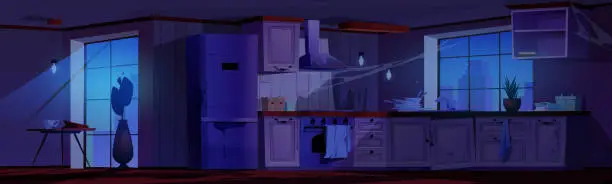 Vector illustration of Night abandoned kitchen interior and table cartoon