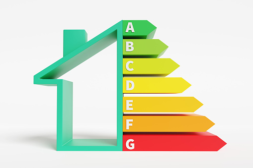 Colorful horizontal bar chart with the letter A to G next to a hollow green house on white background. Illustration of the concept of energy performance certificate (EPC) of properties